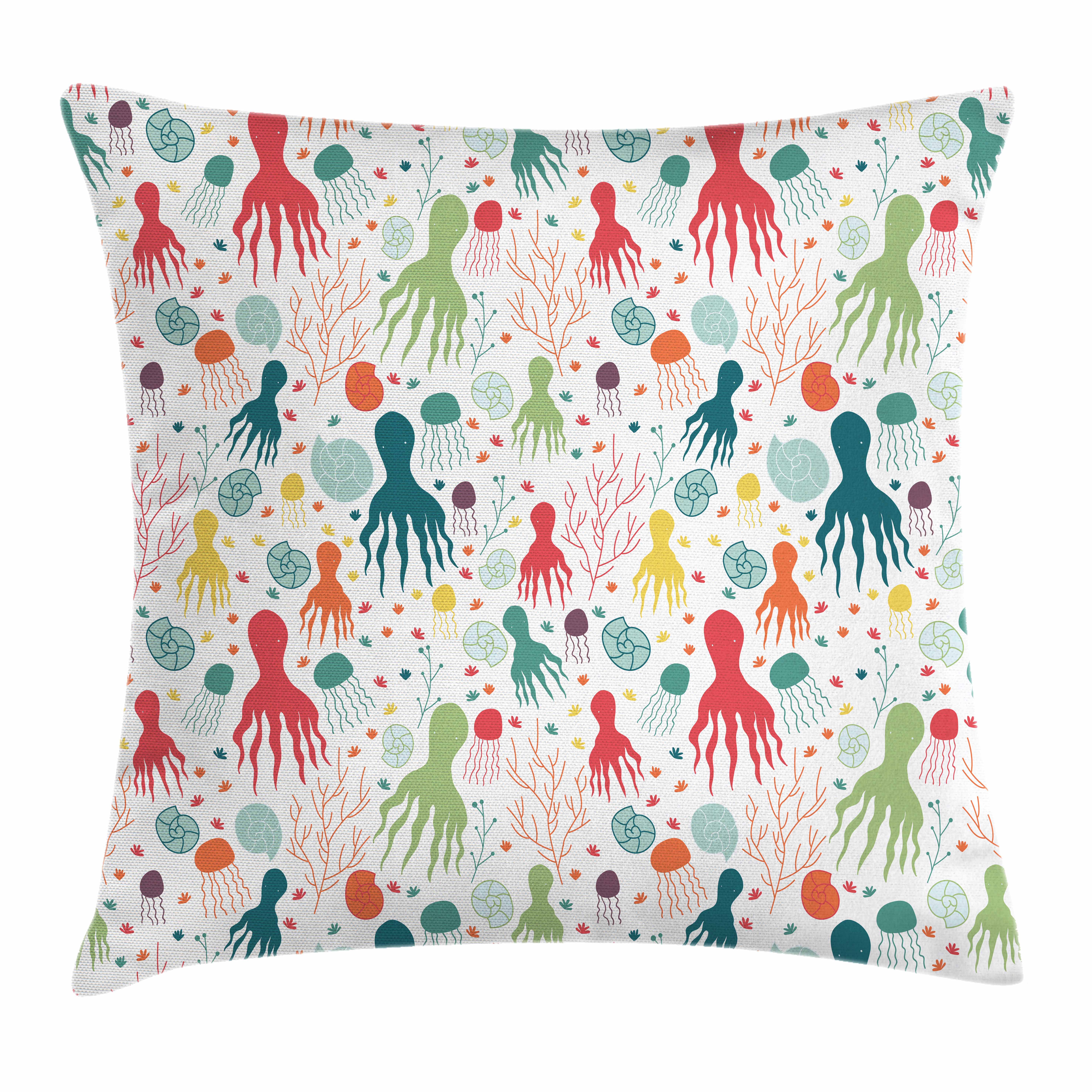 Octopus Throw Pillow Cushion Cover, Ocean Themed Animals and Plants