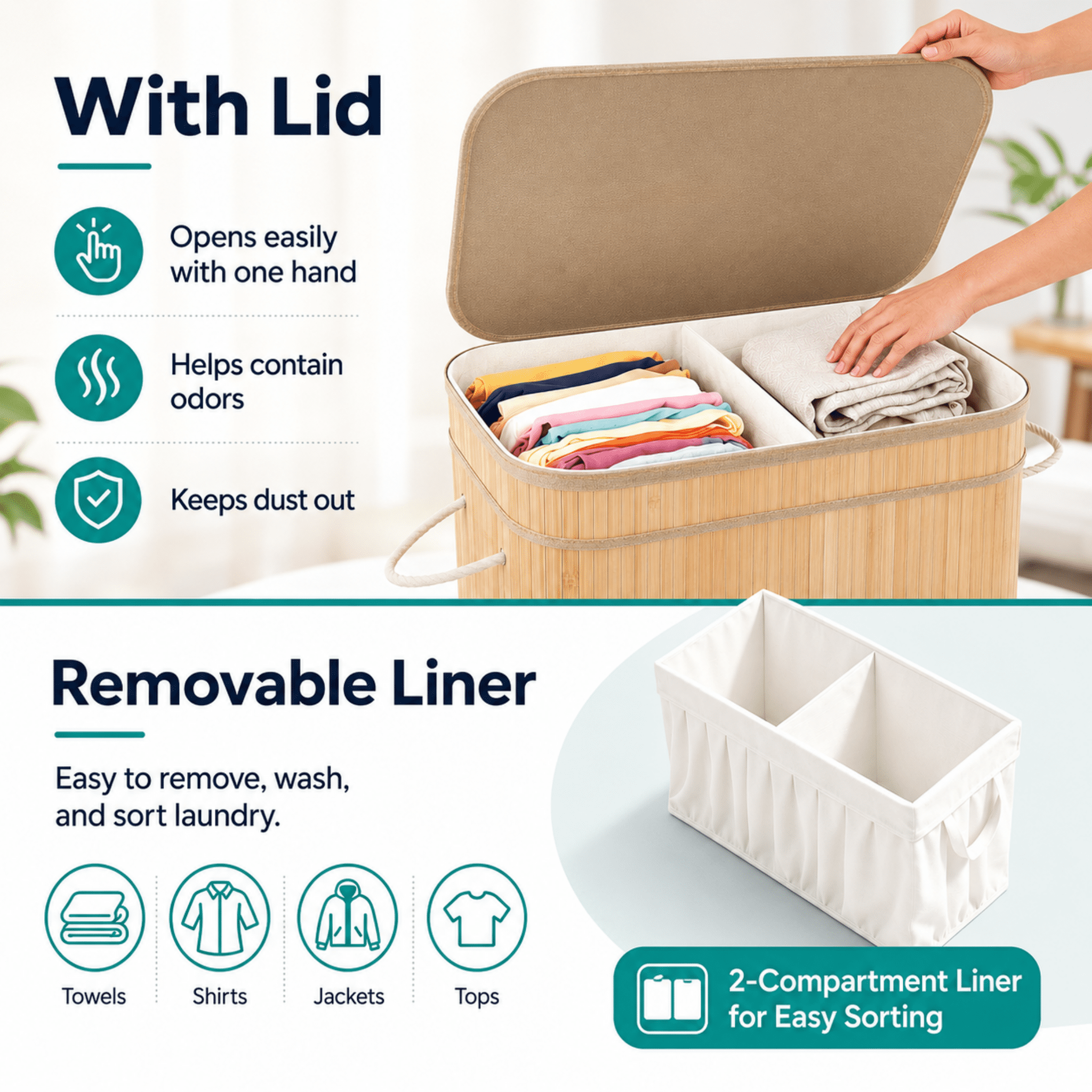 MEHOOM Laundry Hamper, 100L Foldable Laundry Basket with Lid and Handles (Natural Bamboo)