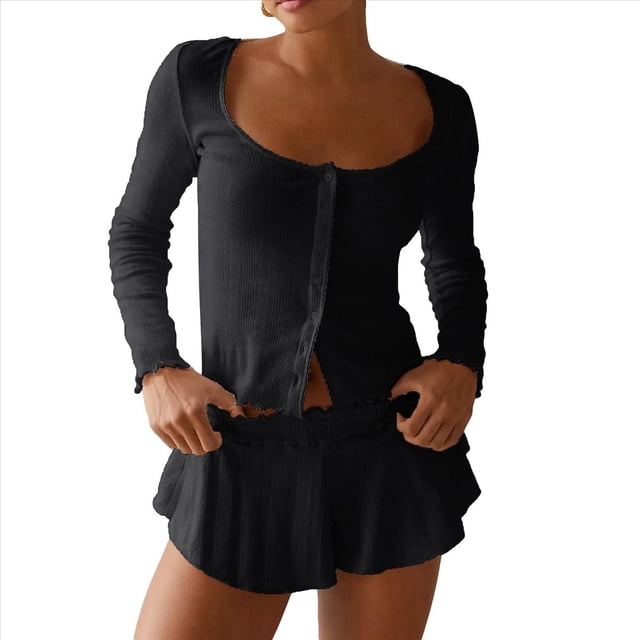 Conjunto de Pijama para Mujer, de Larga, con Botones, Top y Pantalones Cortos con Volantes, Conjunto de 2 Piezas para Estar en Casa, Ropa de Dormir Y2k. Negro M