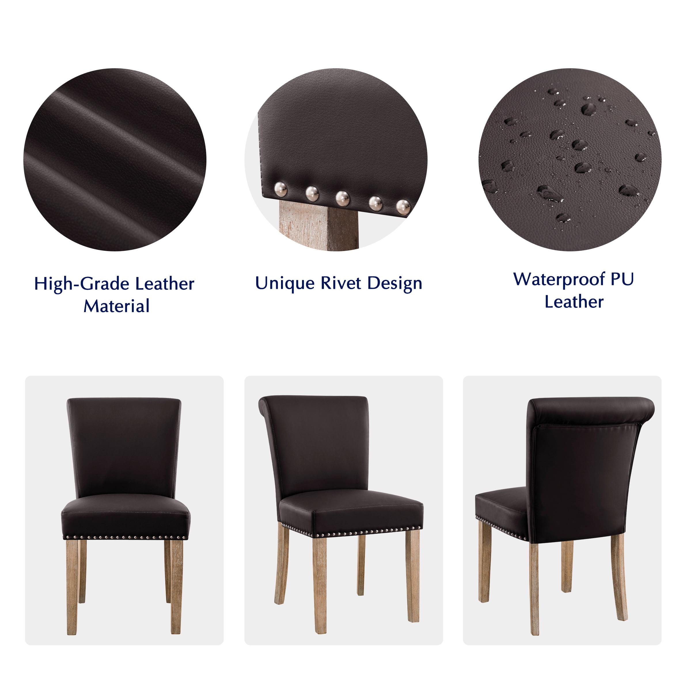 Subrtex Leather Anchor Studded Indoor Dining Chair Set of 2, Modern Mid-Century Home Chairs, Brown