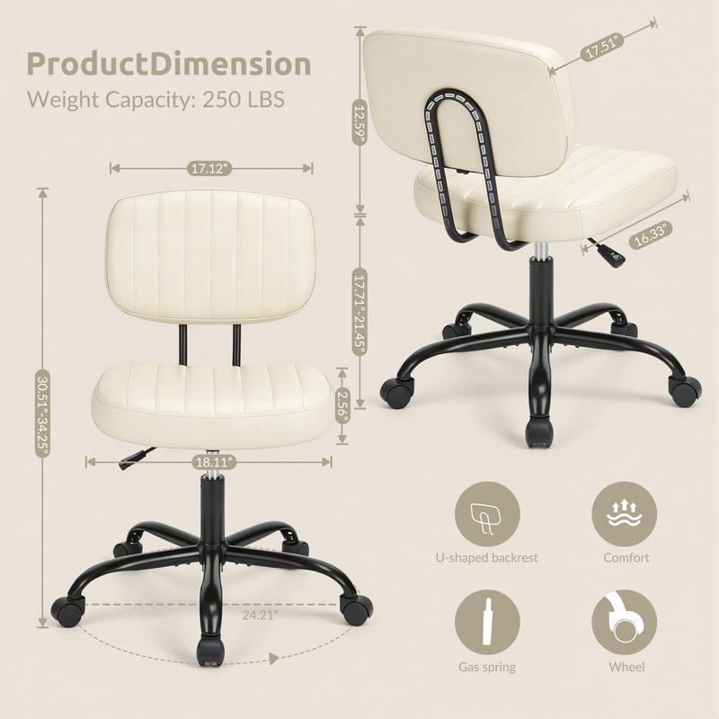 Kelno Armless Office Chair Height Adjustable Swivel Rolling Task Chair with Lumbar Support PU Leather Desk Chair, White