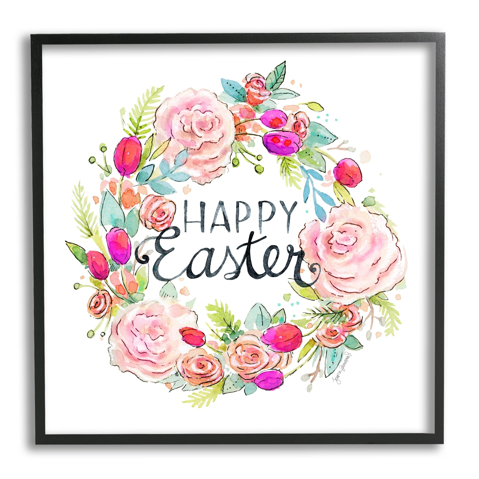 Happy Easter Vivid Pink Floral Blossom Border Botanical & Floral Graphic Art Framed Art Print Wall Art