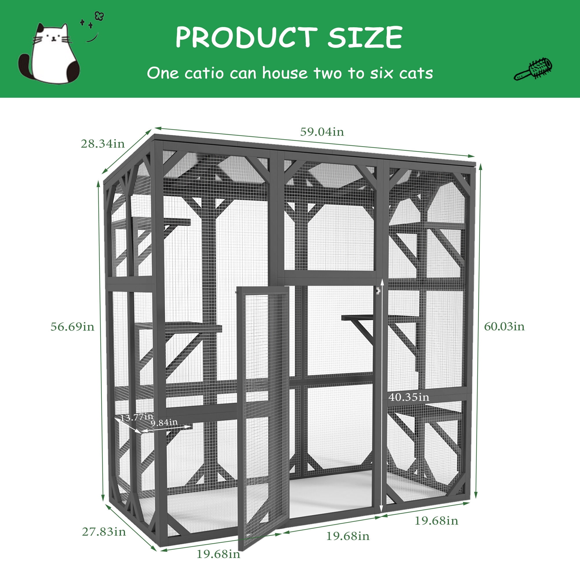 Pet Pens & Hutches Catio Outdoor Cat Enclosure Cat House Wooden Cat Cage Large Feral Cat Shelter for Mulitiple Cats with Six Platforms, Large Enter Door, Waterproof Roof 60" Grey,Dog Pens