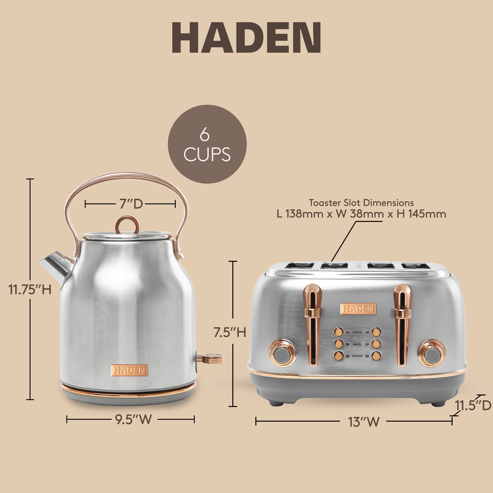 Haden Heritage 4 Slice Wide Toaster & Electric Water Kettle, Ivory & Copper