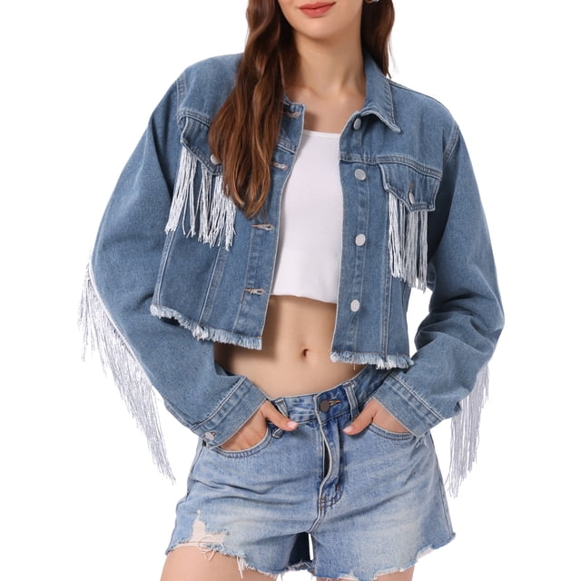 Chaqueta de mezclilla con flecos de manga larga y dobladillo deshilachado para mujer INSPIRE CHIC, corta, azul grisáceo