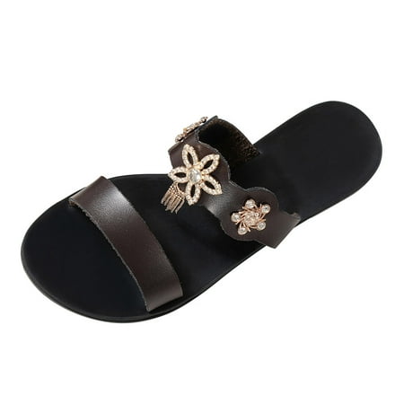 

Leisure Bohemia Women s Summer Non Slip Rhinestones Flowers Slip On Flat Beach Open Toe Breathable Sandals Shoes Slippers Artificial leather Dress Sandals for Women Brown