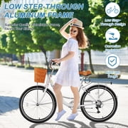 Lilypelle 24/26inch Beach Cruiser Bicycle for Women, 7 Speed Step Through Adult Commute Bike with Basket & Rack,White
