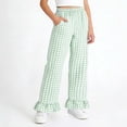 thumbnail image 2 of dazeni Girls Gingham Pants Kids Casual Elastic High Waist Plaid Trousers Soft Ruffle Hem Wide Leg Pants with Pockets Green 9-10 Years, 2 of 7