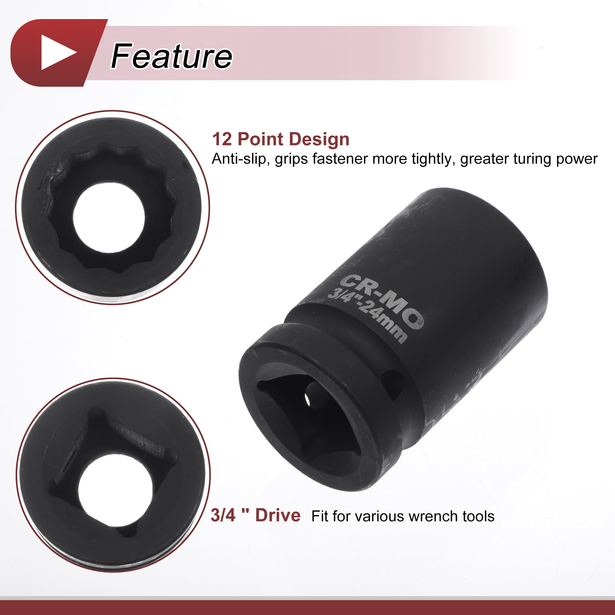 Unique Bargains 1 Pcs Impact Socket Tool 58mm Black High Carbon Steel 12 Point 24mm