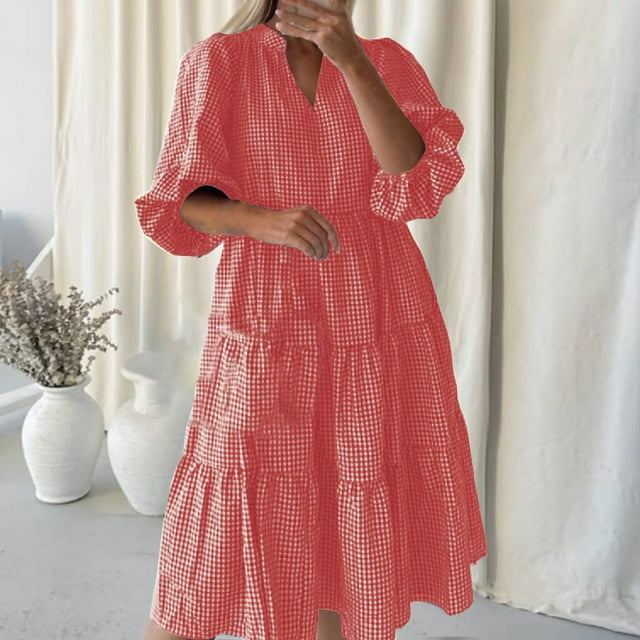 Robes pour Femmes Été 2024, Robe Décontractée à Manches Courtes, Col en V, Mi-Mollet, 50 % de Réduction!