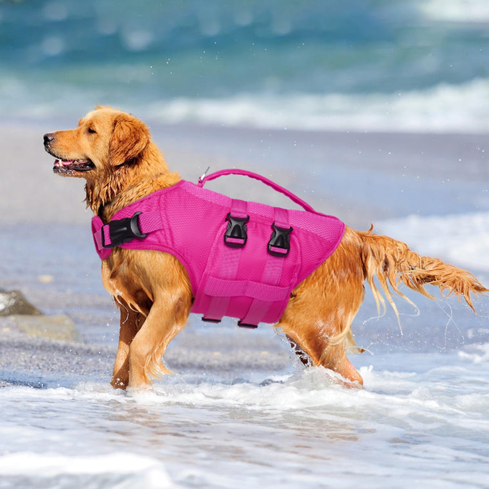 Kuoser Dog Life Jacket, Reflective Life Vest with Rescue Handle for Small Medium Large Dogs, Rosered, S
