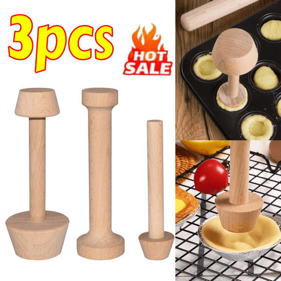 Wooden Tart Tamper Set, 3 Piece Double-Sided Pastry Dough Tool for Mini Tart Pans, Pie Crust, and Cheesecake Baking