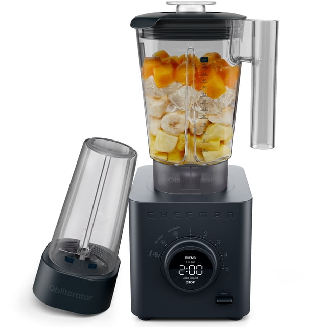 Chefman Obliterator 48oz Countertop Blender w/ 20oz Travel Jar and Tamper/Scraper Tool – Midnight