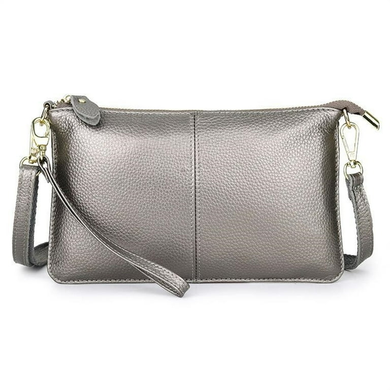 Silver Gray Leather Clutch Bags for Women Small Ladies Wristlet Cell Phone Purse Wallet with Detachable Wrist Strap