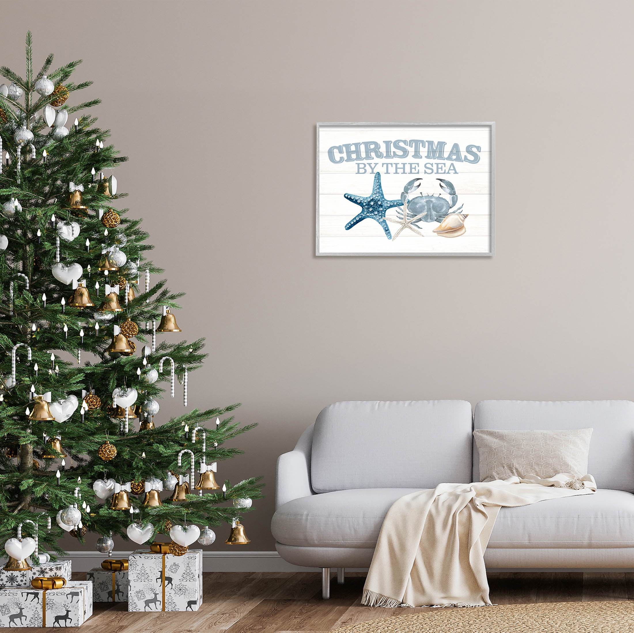 Stupell Industries Christmas By The Sea Nautical Graphic Art Gray Framed Art Print Wall Art, Design by Kim Allen