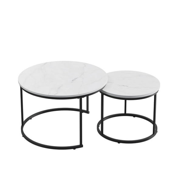 Nesting Coffee Table Set of 2, Round Coffee Table Wood Marble Pattern Top with Sturdy Metal Frame, 20x28 inch End Table Side Tables for Living Room Bedroom Balcony Yard (White)