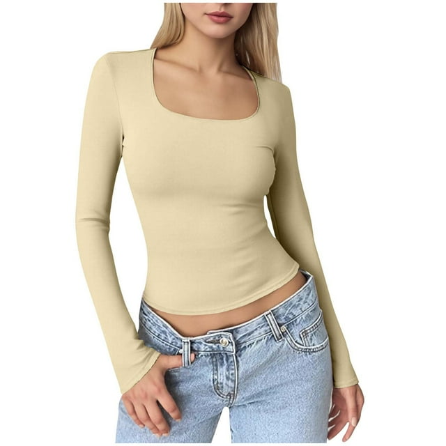 BLVB T-Shirt Basique à Manches Longues pour Femmes à Encolure Carrée, Coupe Ajustée, Couche de Base, T-Shirts Courts d'Automne pour Sorties, Jolis Chandails Moulants