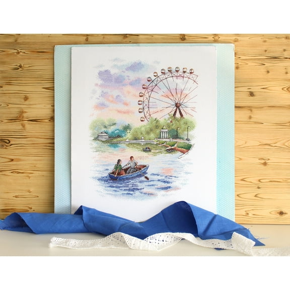 Counted Cross Stitch Kit In the Park SNV-748 Needlework Easy Small Blue Forest Boat People Water By MP Studia