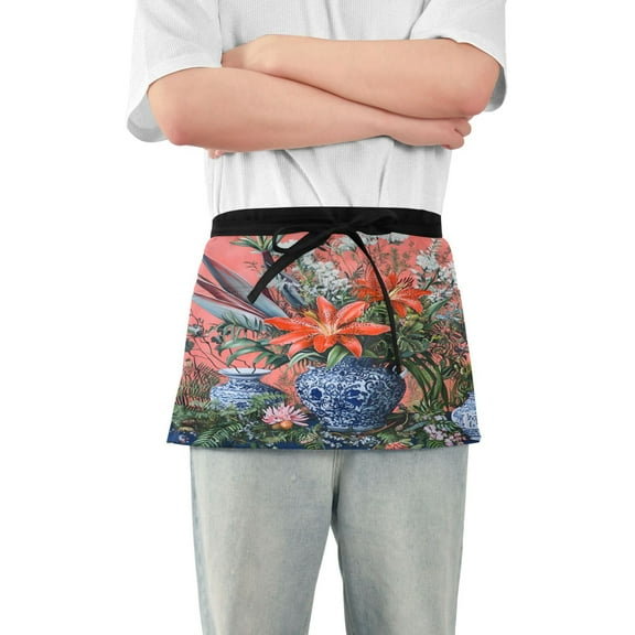 Yayeee Waist Apron with Pockets for Cooking Waterproof Half Server Aprons, Orange Vibrant Flowers