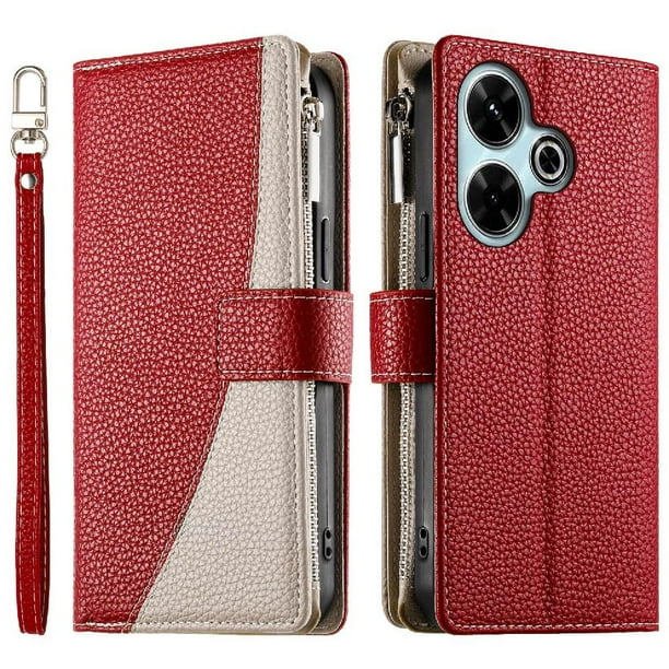 Funda cartera GANGXUN para Xiaomi Redmi 13 4G/5G , cuero PU con tarjetero, cremallera, correa de mano, soporte y protección 1019°