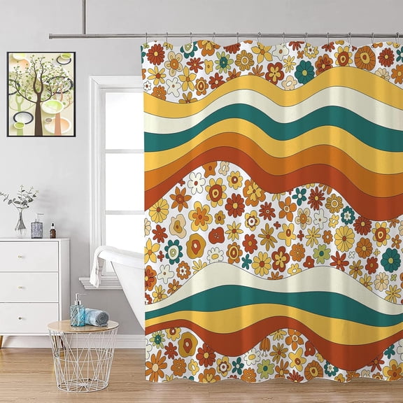 Retro Boho Floral Shower Curtain,70s Cute Rainbow Flowers Shower Curtains for Bathroom,Funky Groovy Vintage Aesthetics Stall Bath Curtains Set with 12 Hooks 72x72in,Waterproof Fabric