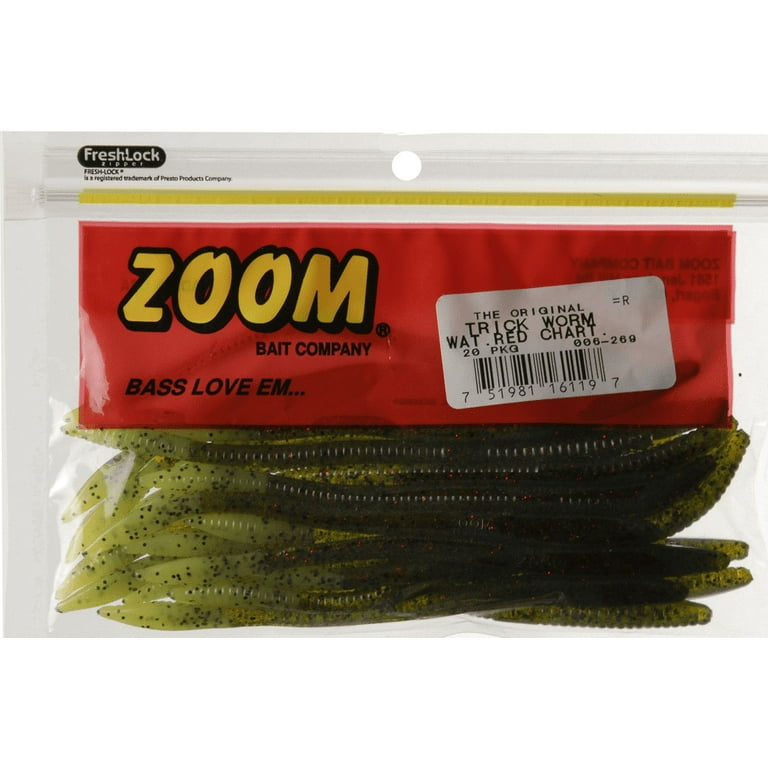 Zoom Trick Worm Fishing Bait, Watermelon Red Chartreuse, 6 1/2, 20-pack,  Soft Baits
