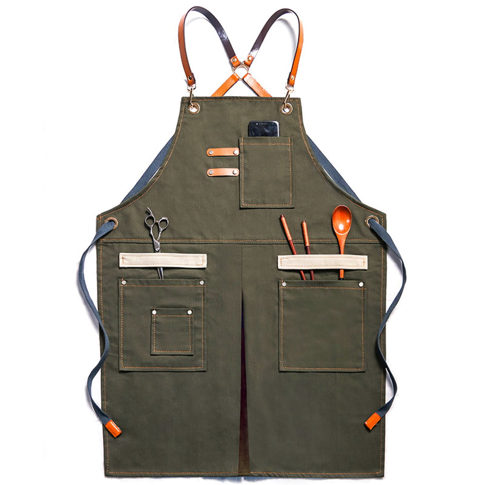 Cotton twill apron personalised with a leather patch