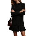 thumbnail image 1 of Robe Chandail en Tricot Torsadé pour Femmes, Col Ras du Cou, Manches Longues, Mini-Robe Plissée, Style Deux-en-un, Robe Patchwork, Noir, P, 1 of 8
