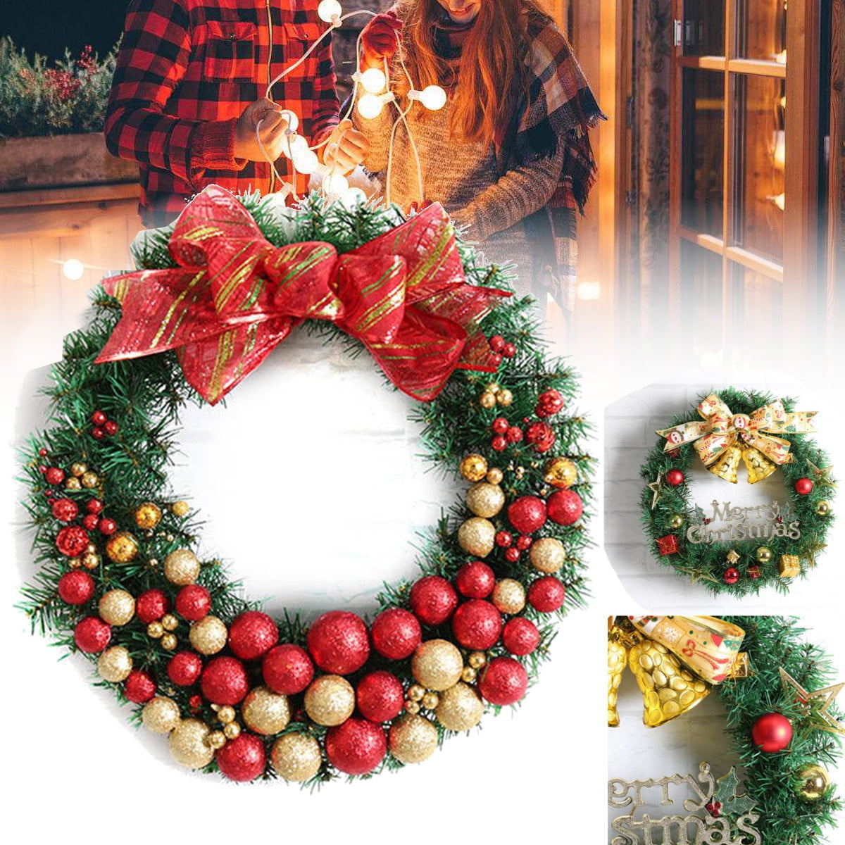 Merry Christmas Holiday Wreath Door Wall Ornament Garland Decor Bowknot