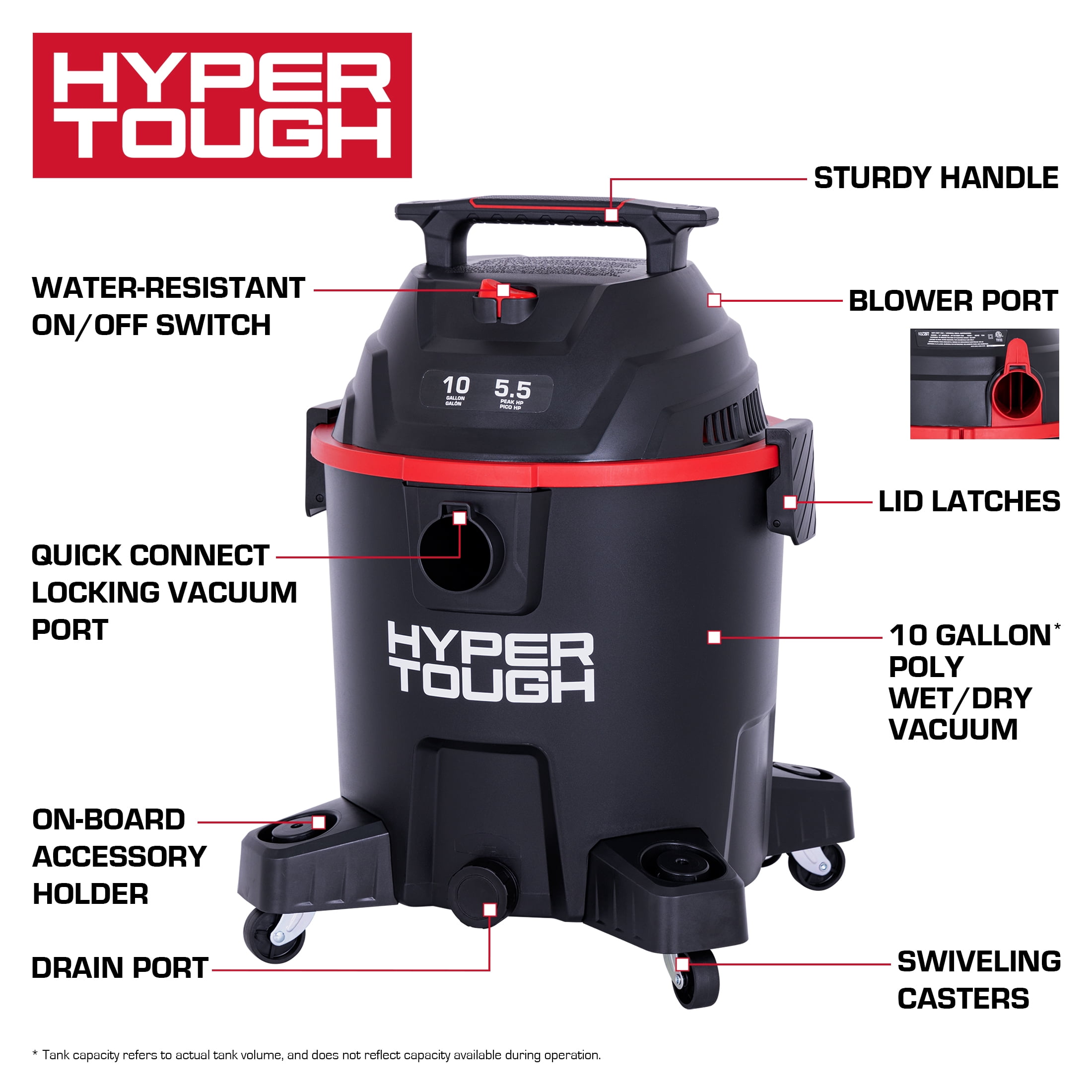 Hyper Tough 10 Gallon 5.5 HP Poly Wet/DryVacuum for Home, Car, Garage & Workshop
