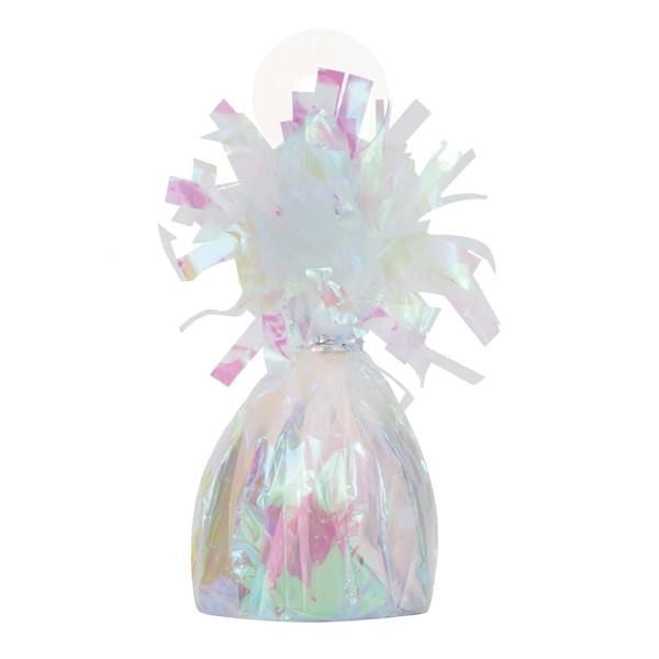 Iridescent foil balloon weight with shiny, crinkled top decoration for party use.