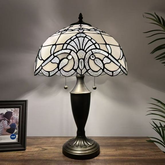 Tiffany Table Lamp White Stained Glass Baroque Style LED Bulbs Included For Living Room Bedroom Bedside 14"W*14"D*21"H