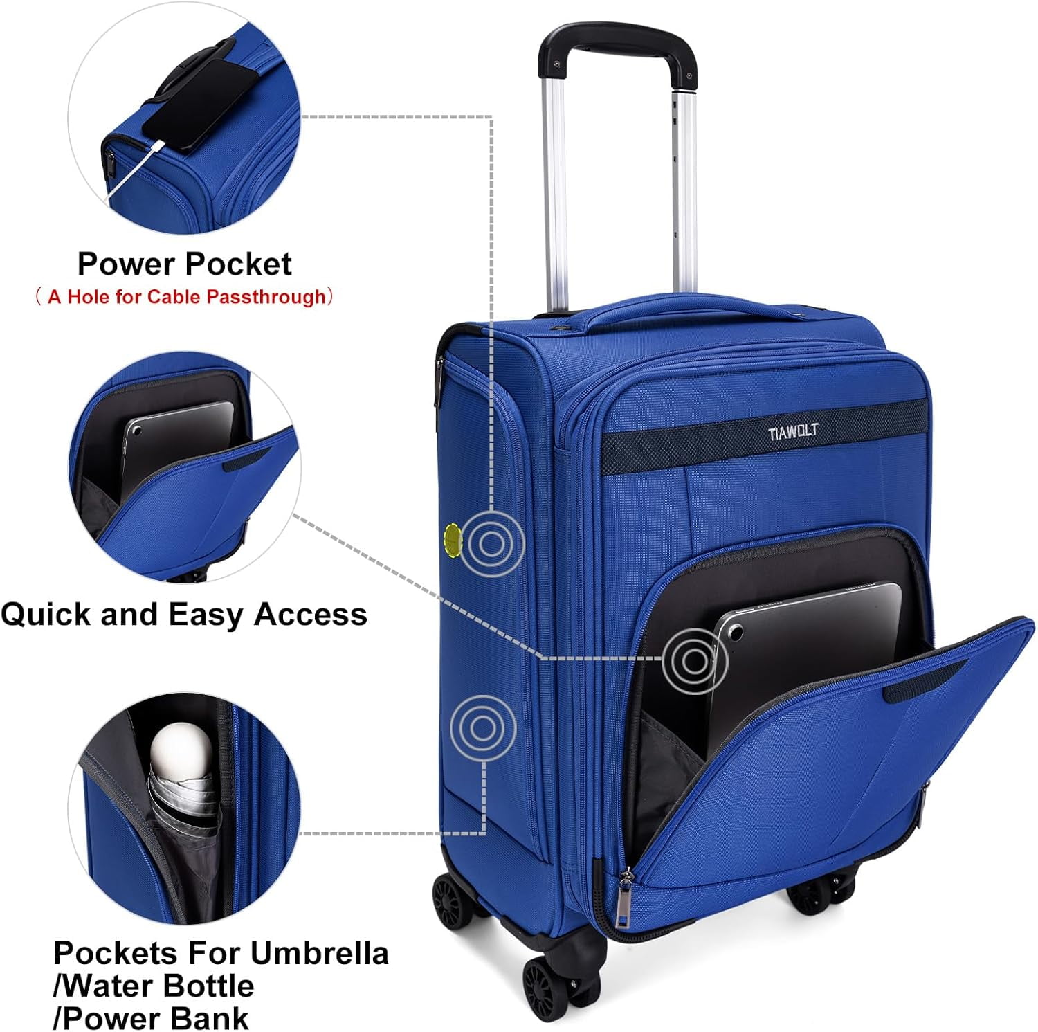 TIAWOLT Carry On Luggage 22x14x9 Airline Approved with Wheels Softside Expandable Luggage Suitcase with TSA Lock-Blue
