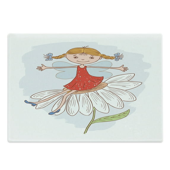 Retro Cutting Board, Illustration of a Ginger Girl with 2 Side Braided Hair Sitting on a Chamomile, Decorative Tempered Glass Cutting and Serving Board, Large Size, Multicolor, by Ambesonne