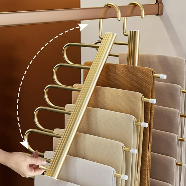 Under 10,Multi-Functional Stainless Steel Folding Trouser Rack, Multi-Layer Storage, Telescopic Folding Hanger, Horizontal and Vertical Hanging Options, | Aluminum Alloy, Gold-181 $BS$3