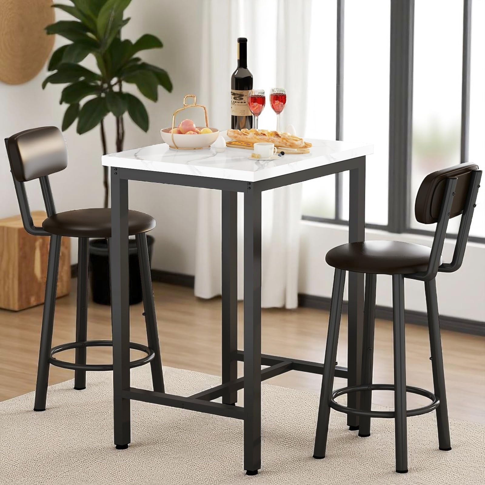 MOOSENG Bar Table Set of 2, Bistro Kitchen Table Sets with 2 PU Leather Bar Stools, Wood Pub Bar Table Set for Breakfast Nook Small Space Restaurant, Square Table