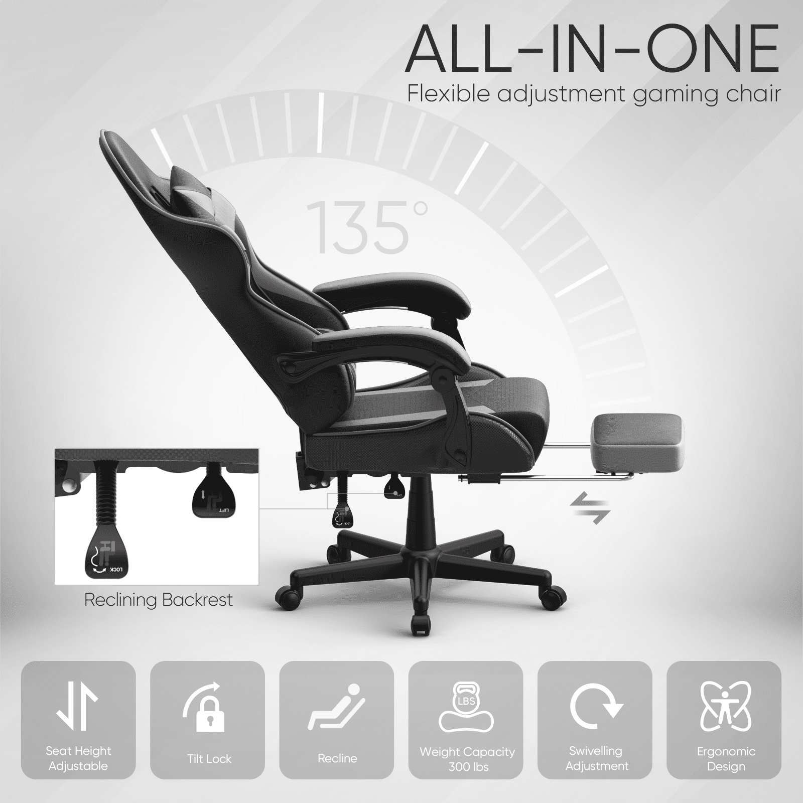 Soontrans Gaming Chair with Footrest and Ergonomic Massage Lumbar Pillow PU Leather Office Chair, Gray