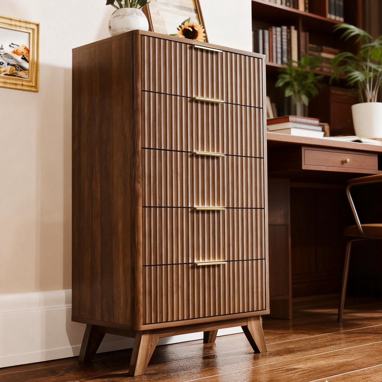 Ktaxon Fluted Tall 5 Drawer Dresser Solid Wood Chest of Drawers with Soft Close Slides Storage Cabinet for Bedroom Living Room Entryway Walnut