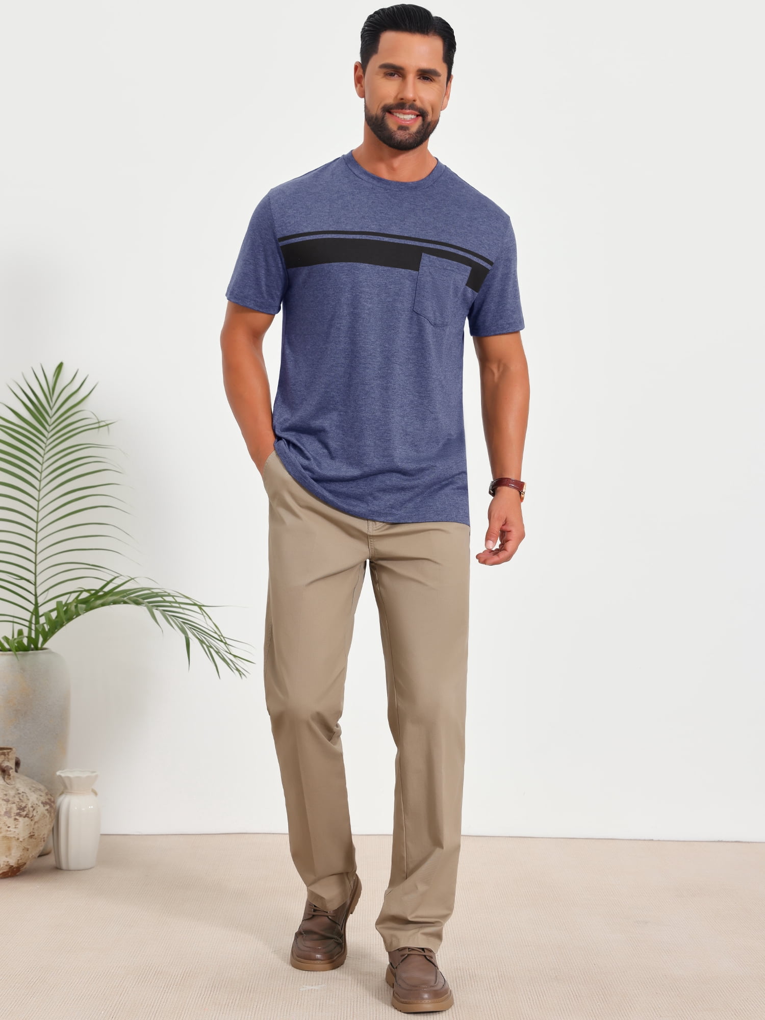DARING DIVA Men's Chest Pocket Striped Print Crew Neck Short Sleeve T-Shirt S Dark Blue
