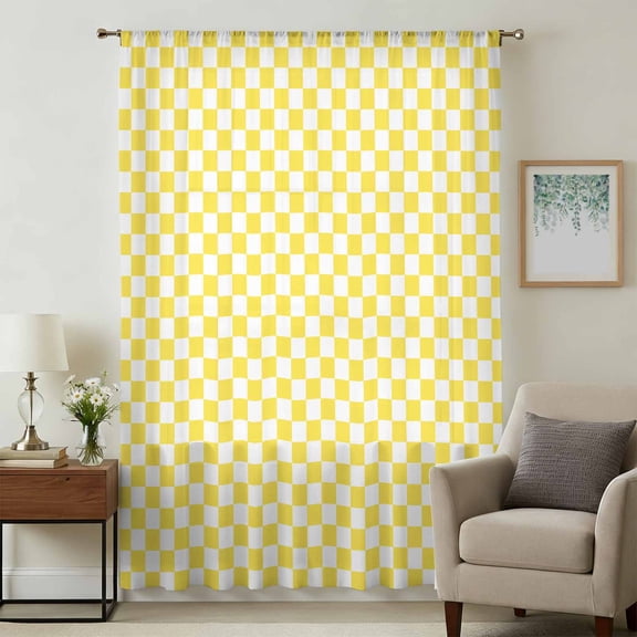 Yellow White Plaid Sheer Curtains 63 Inches Long, Modern Retro Geometric Checkered Light Filering Curtains, Breathable Simi Curtain Privacy Drapes for Living Room Bedroom Lightweight Window Treatment