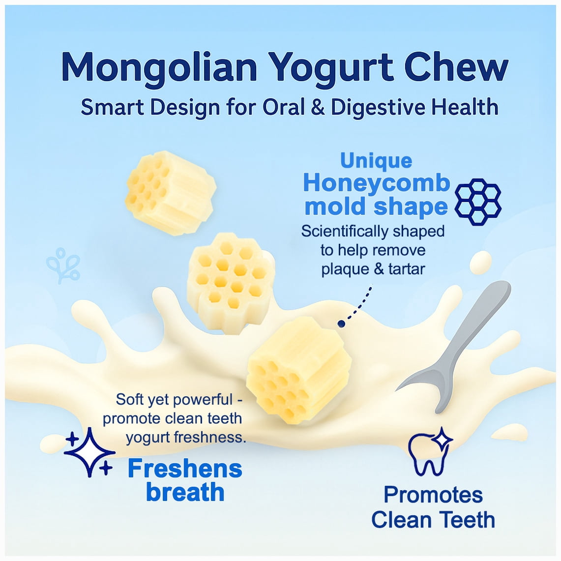 Fabrechew KI-You Mongolian Yogurt Dog TREATS with Probiotics & Prebiotics, Soft Honeycomb Dental Care
