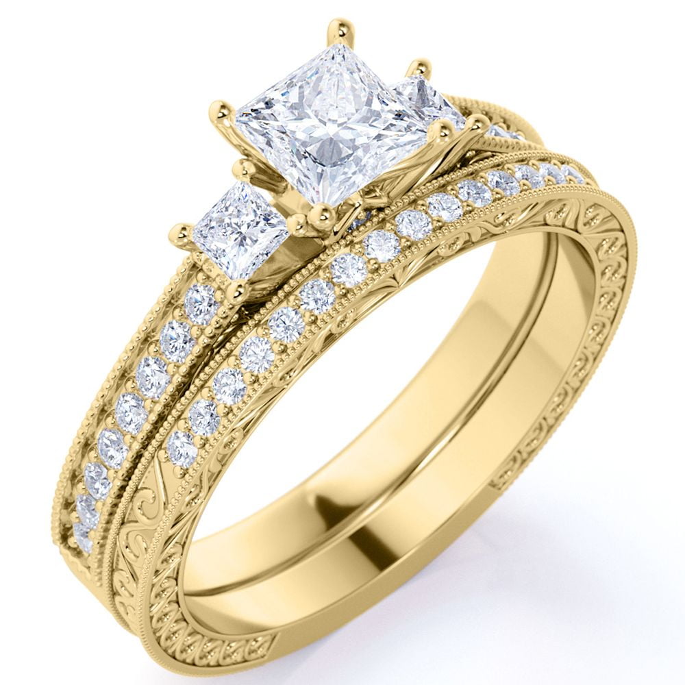 Victorian Vintage Wedding Antique 3Stone Ring 3.2 Ct Round Diamond 14K Gold Over 