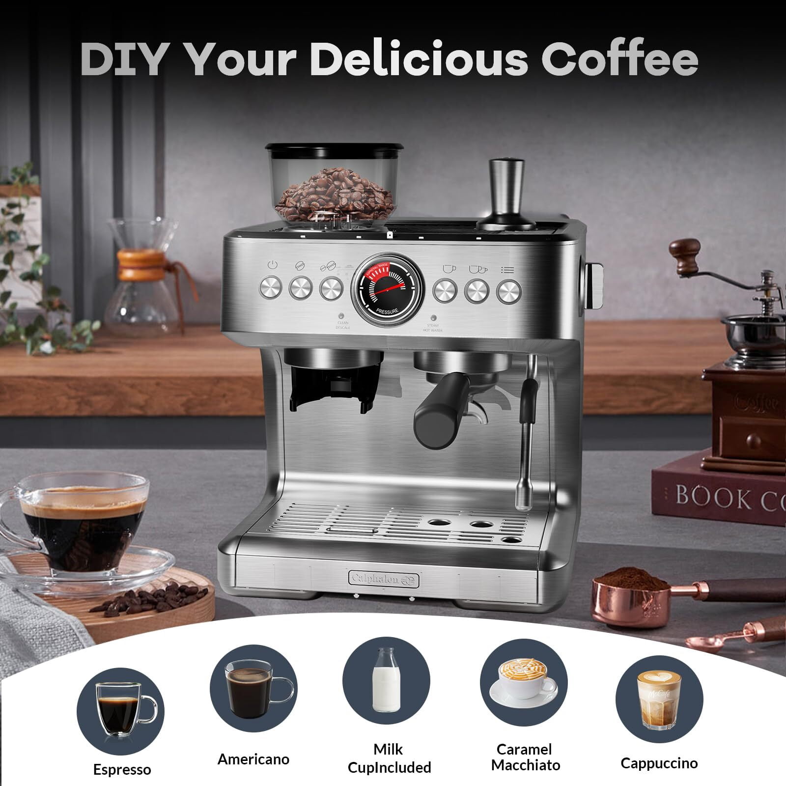 20 Bar Espresso Machine,Professional Coffee Machine with 96 Oz Removable Water Tank for Cappuccino Latte, Espresso Maker with Grinder and Milk Frother Steam Wand,Slivery