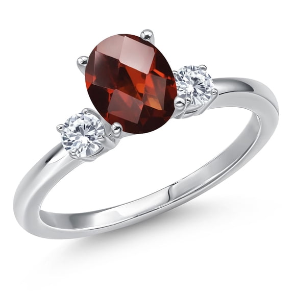 Gem Stone King 14K White Gold Red Garnet and Moissanite Engagement Ring for Women | 1.73 Cttw | Oval Checkerboard 8X6MM | Gemstone January Birthstone | Size 5