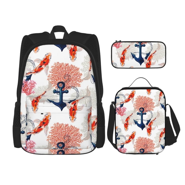 Easygdp Koi Fish And Corals Mochila para Niños y Niñas con Set de Caja de Almuerzo y Estuche para Lápices 3 en 1, Mochila Escolar Estampada para Adolescentes