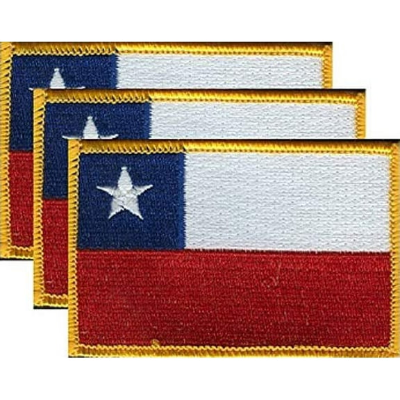 Pack of 3 Country Flag Patches 3.50" x 2.25", Three International Embroidered Iron On or Sew On Flag Patch Emblems (Chile)