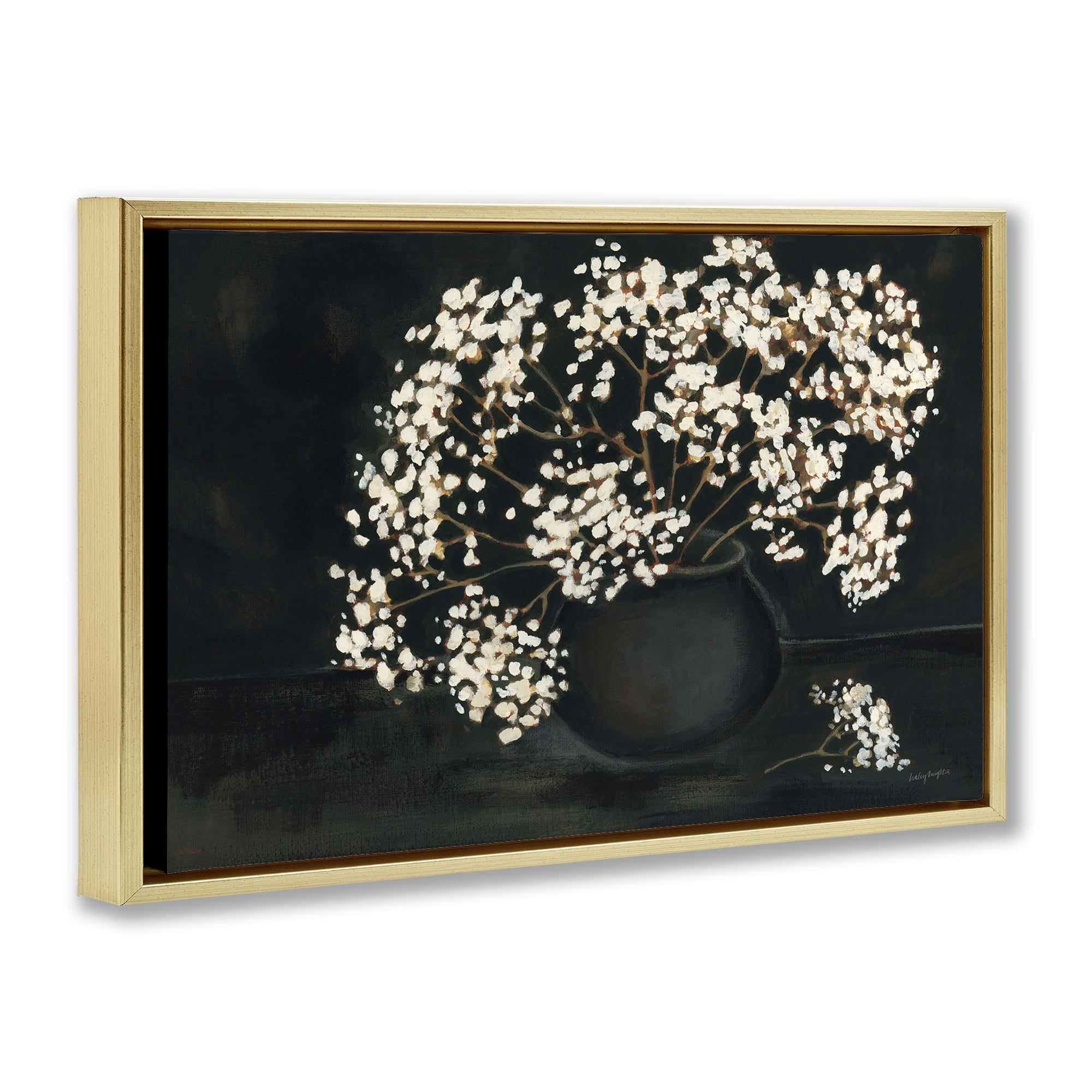 Stupell Industries Baby's Breath on Black Botanical & Floral Painting Gold Floater Framed Art Print Wall Art, 31 x 21