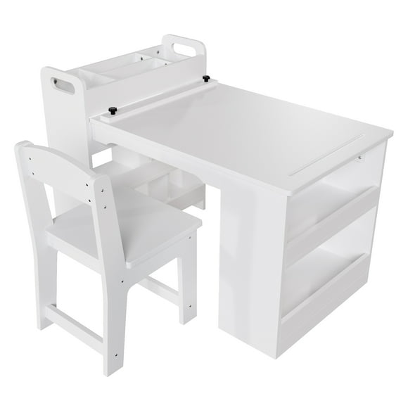 Multi-Functional Kids Art Table and 2 Chairs Set with Large Storage Shelves, Wooden Activity Desk | Playroom, Classroom, Home Learning Table for Drawing, Painting, Reading – White