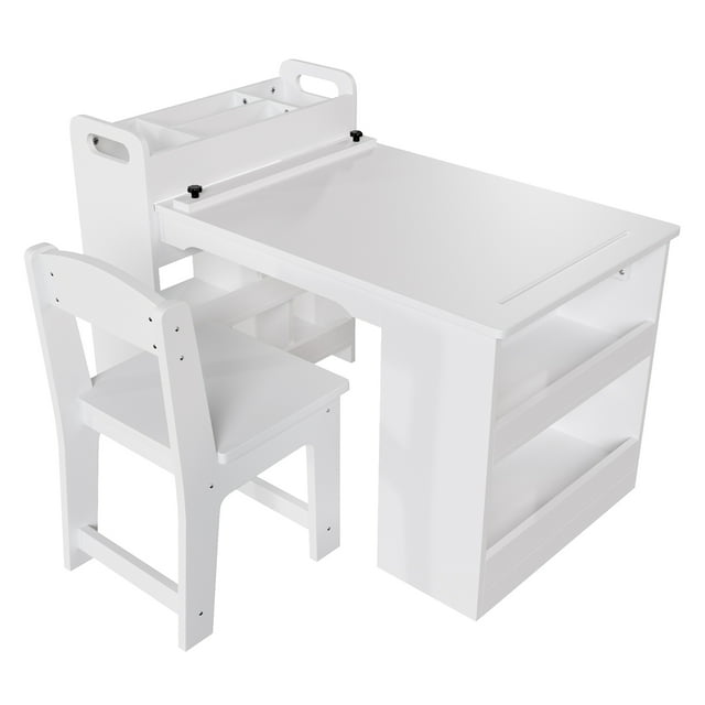Multi-Functional Kids Art Table and 2 Chairs Set with Large Storage Shelves, Wooden Activity Desk | Playroom, Classroom, Home Learning Table for Drawing, Painting, Reading – White
