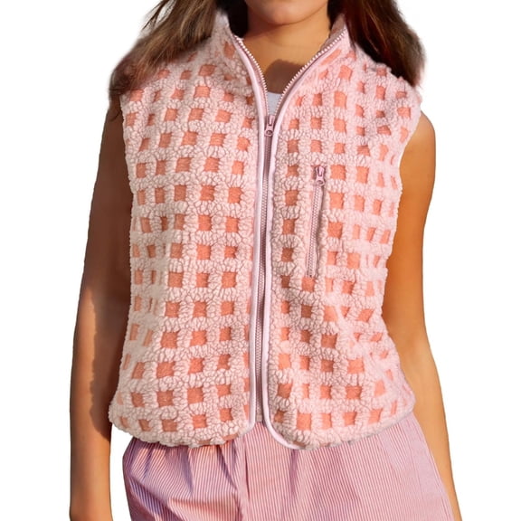 Aellinatey Womens Checkered Vest Sleeveless Winter Fleece Neck Zip Up Gilet with Chest Pocket